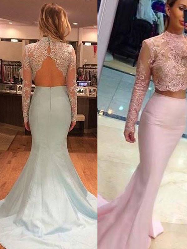 Vestidos de fiesta de dos piezas de satén, corte recto, manga larga, encaje y cuello alto.