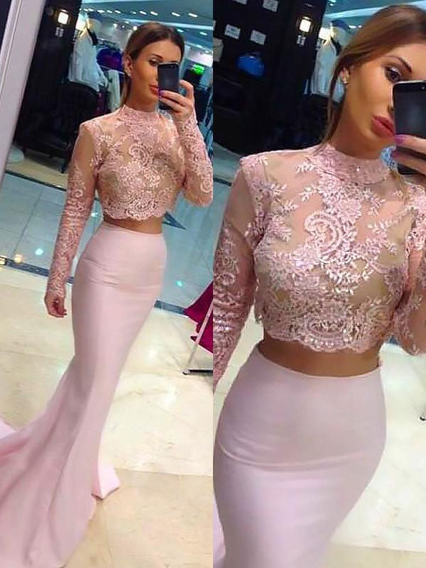 Vestidos de fiesta de dos piezas de satén, corte recto, manga larga, encaje y cuello alto.