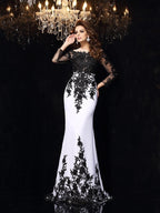 Vestidos largos de fiesta de gasa con encaje, manga larga y corte recto/columna.