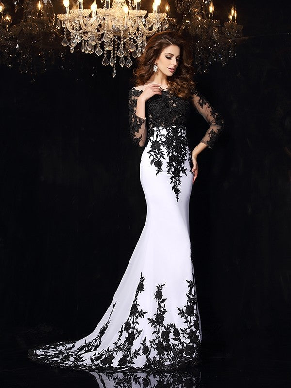 Vestidos largos de fiesta de gasa con encaje, manga larga y corte recto/columna.