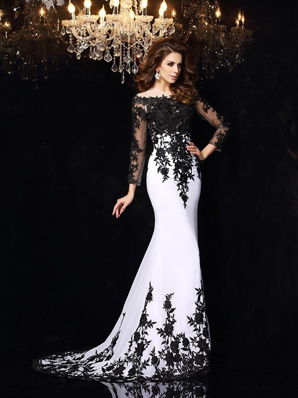 Vestidos largos de fiesta de gasa con encaje, manga larga y corte recto/columna.