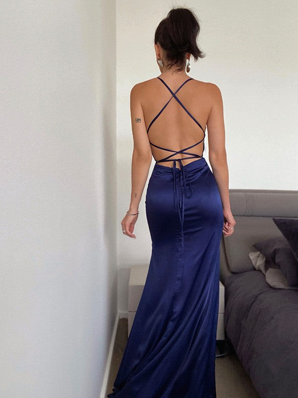 Robe de bal fourreau/colonne en satin de soie froncé sans manches à col licou