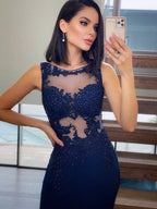 Sheath/Column Spandex Sleeveless Applique Scoop Prom Dresses