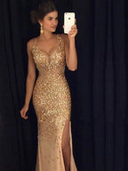 Robes de bal fourreau/colonne à col en V, sans manches, en jersey à sequins