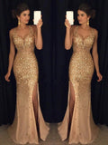 Robes de bal fourreau/colonne à col en V, sans manches, en jersey à sequins