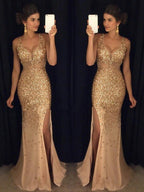 Robes de bal fourreau/colonne à col en V, sans manches, en jersey à sequins