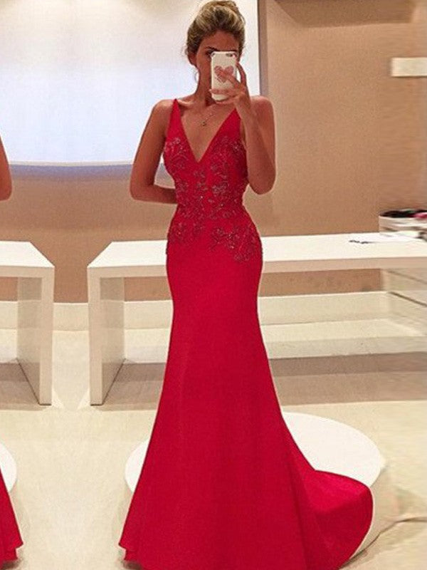 Vestidos de fiesta de crepé elástico sin mangas con escote en V y apliques, corte recto/columna