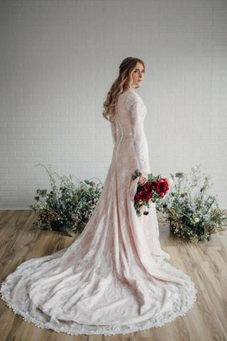 Vestido de novia modesto de encaje transparente de manga larga WD530