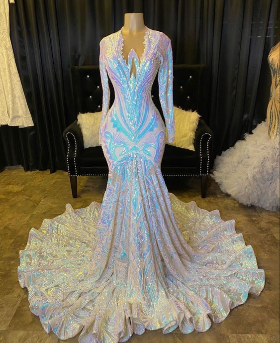 Vestidos de fiesta de sirena con escote en V y mangas largas brillantes con apliques de lentejuelas
