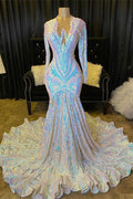 Vestidos de fiesta de sirena con escote en V y mangas largas brillantes con apliques de lentejuelas