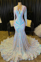 Vestidos de fiesta de sirena con escote en V y mangas largas brillantes con apliques de lentejuelas
