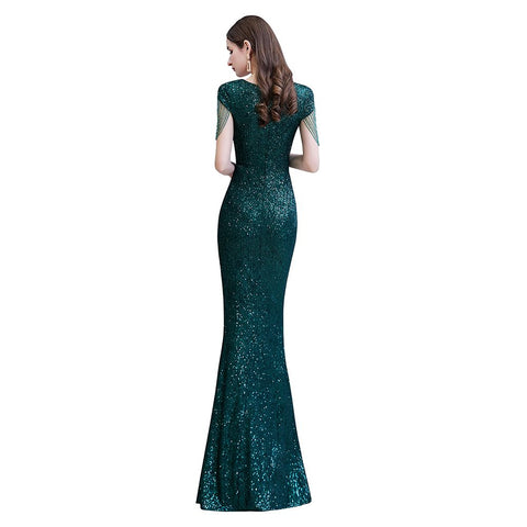 Robe de soirée sirène vert émeraude à paillettes brillantes avec manches à pompons