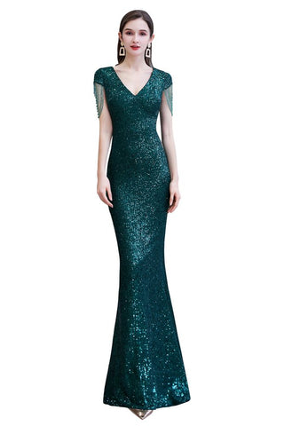 Robe de soirée sirène vert émeraude à paillettes brillantes avec manches à pompons