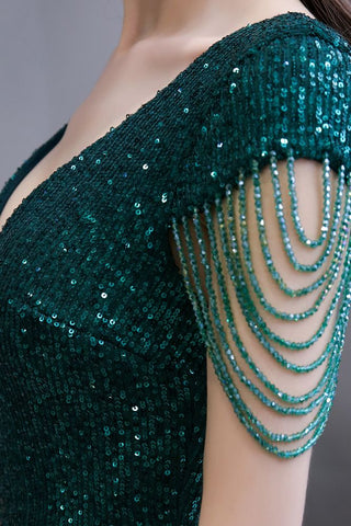 Robe de soirée sirène vert émeraude à paillettes brillantes avec manches à pompons