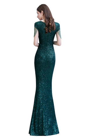 Robe de soirée sirène vert émeraude à paillettes brillantes avec manches à pompons