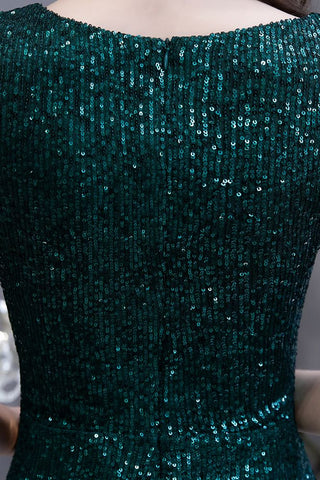 Robe de soirée sirène vert émeraude à paillettes brillantes avec manches à pompons