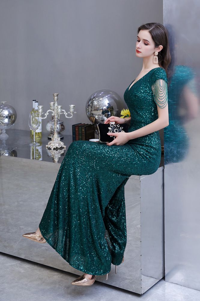 Robe de soirée sirène vert émeraude à paillettes brillantes avec manches à pompons