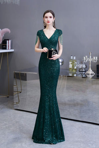 Robe de soirée sirène vert émeraude à paillettes brillantes avec manches à pompons