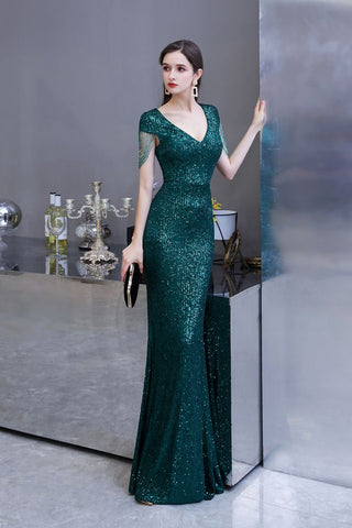 Robe de soirée sirène vert émeraude à paillettes brillantes avec manches à pompons