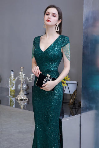 Robe de soirée sirène vert émeraude à paillettes brillantes avec manches à pompons