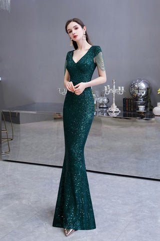 Robe de soirée sirène vert émeraude à paillettes brillantes avec manches à pompons
