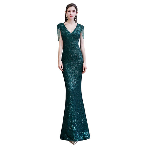 Robe de soirée sirène vert émeraude à paillettes brillantes avec manches à pompons