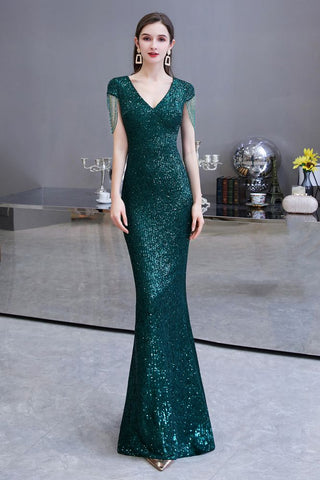 Robe de soirée sirène vert émeraude à paillettes brillantes avec manches à pompons