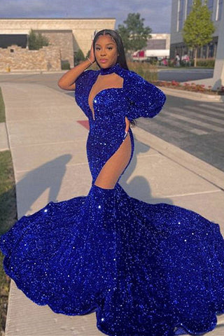 Vestidos de fiesta sirena de encaje azul real brillante, de cuello alto y manga larga, hasta el suelo