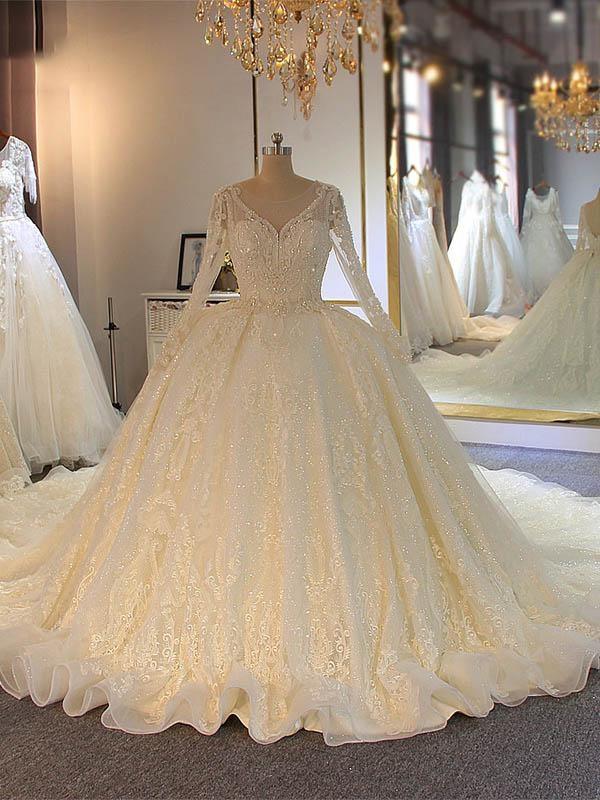 Vestidos de novia largos, brillantes, de corte A, con bordado completo de cuentas, cordones y mangas.