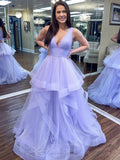 Vestidos largos de noche formales de tul esponjoso con escote en V y corte en A brillante