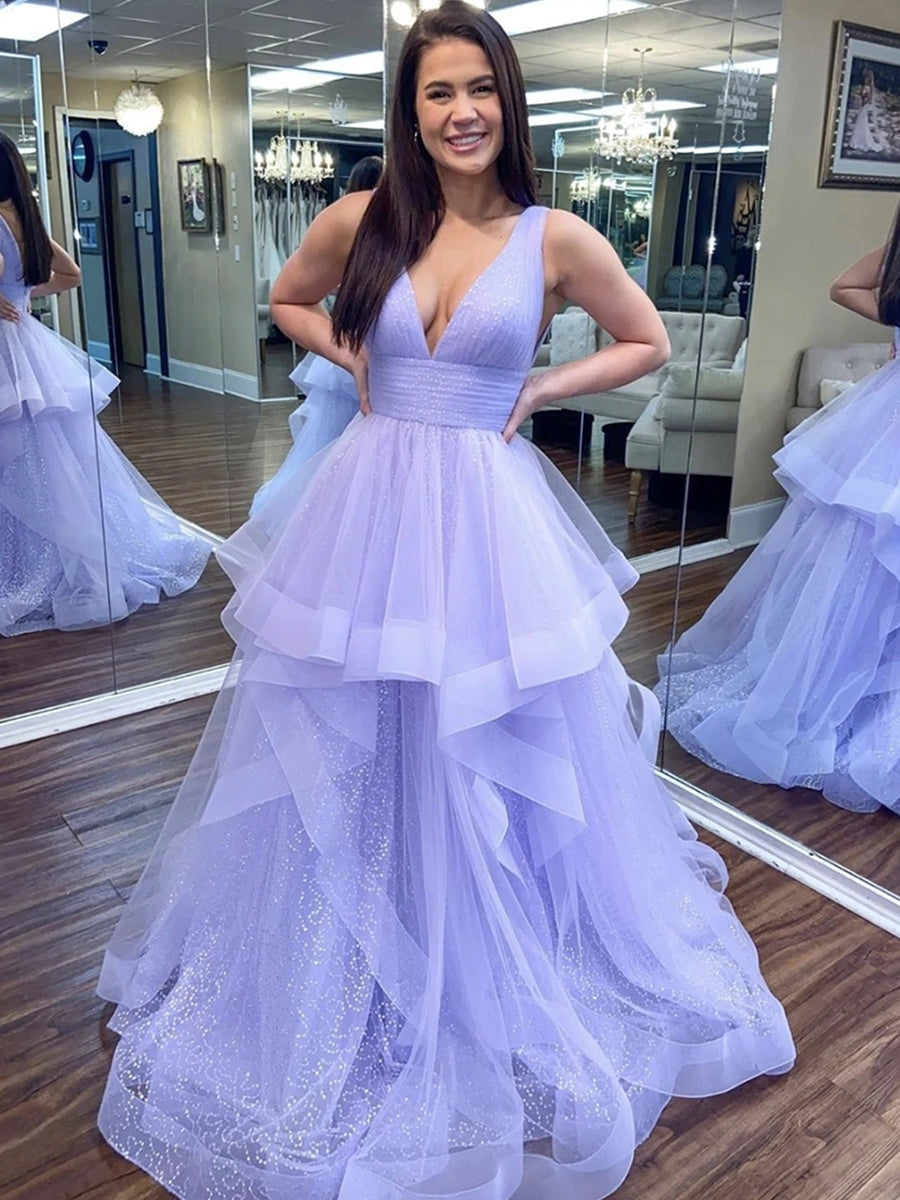 Vestidos largos de noche formales de tul esponjoso con escote en V y corte en A brillante
