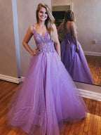 Robes de bal longues de soirée en tulle et dentelle brillante, coupe trapèze, col en V, dos nu, robe de soirée formelle.