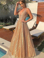 Vestidos largos de fiesta, de noche, formales, con escote en V, espalda descubierta y corte en A, brillantes y con lentejuelas.