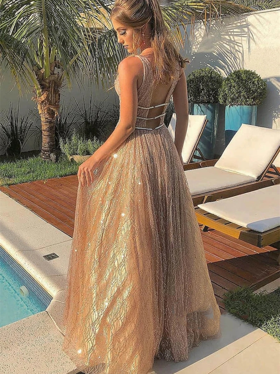 Vestidos largos de fiesta, de noche, formales, con escote en V, espalda descubierta y corte en A, brillantes y con lentejuelas.