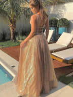 Vestidos largos de fiesta, de noche, formales, con escote en V, espalda descubierta y corte en A, brillantes y con lentejuelas.