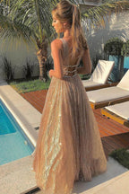 Vestidos largos de fiesta, de noche, formales, con escote en V, espalda descubierta y corte en A, brillantes y con lentejuelas.
