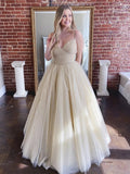 Vestidos largos de noche formales de tul brillante con escote en V y corte en A