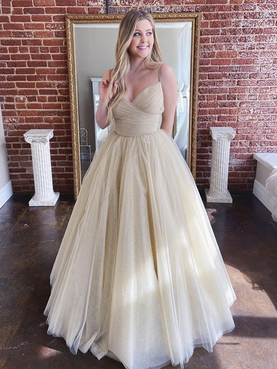 Vestidos largos de noche formales de tul brillante con escote en V y corte en A