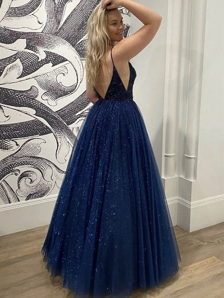 Vestidos de fiesta formales largos azul marino oscuro brillante, corte en A, escote corazón, espalda descubierta