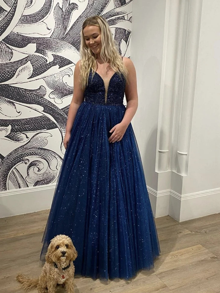 Vestidos de fiesta formales largos azul marino oscuro brillante, corte en A, escote corazón, espalda descubierta