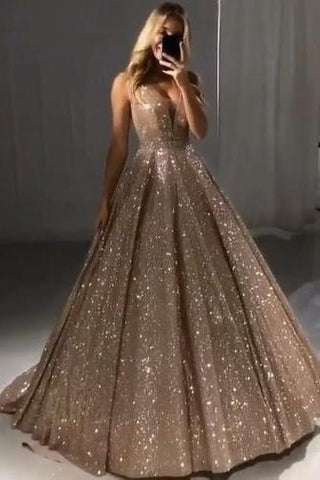 Vestidos de noche de gala dorados brillantes, elegantes vestidos de graduación con lentejuelas y escote en V
