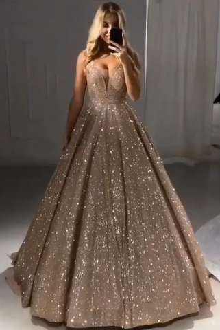 Vestidos de noche de gala dorados brillantes, elegantes vestidos de graduación con lentejuelas y escote en V