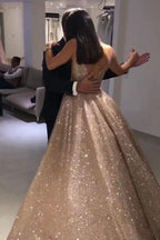 Shiny Gold Ball Gown Evening Dresses Chic V-Neck Sequin Prom Dresses