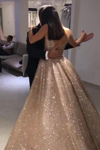 Vestidos de noche de gala dorados brillantes, elegantes vestidos de graduación con lentejuelas y escote en V
