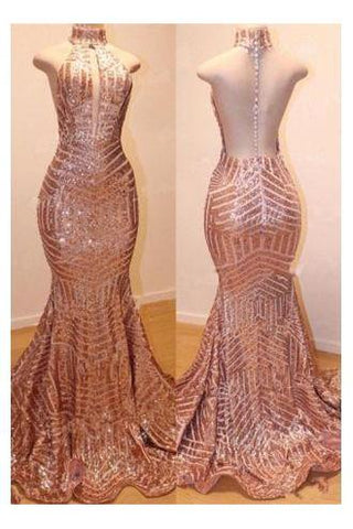 Vestidos de sirena brillantes de lentejuelas sin mangas y cuello alto para baile de graduación