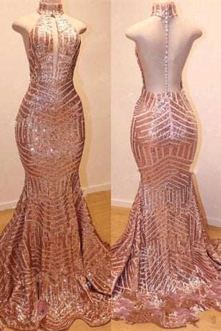 Vestidos de sirena brillantes de lentejuelas sin mangas y cuello alto para baile de graduación