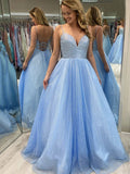 Vestidos de graduación formales, largos, brillantes, de corte en A, con escote corazón, de tul y espalda descubierta