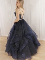 Vestidos de fiesta formales brillantes, largos, de corte A, con escote en V, tul, cuentas y espalda descubierta.
