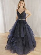 Vestidos de fiesta formales brillantes, largos, de corte A, con escote en V, tul, cuentas y espalda descubierta.