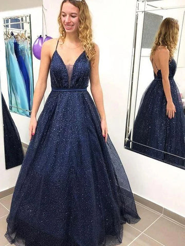 Vestidos de graduación brillantes, largos, de corte A, con escote en V, tul y espalda descubierta.